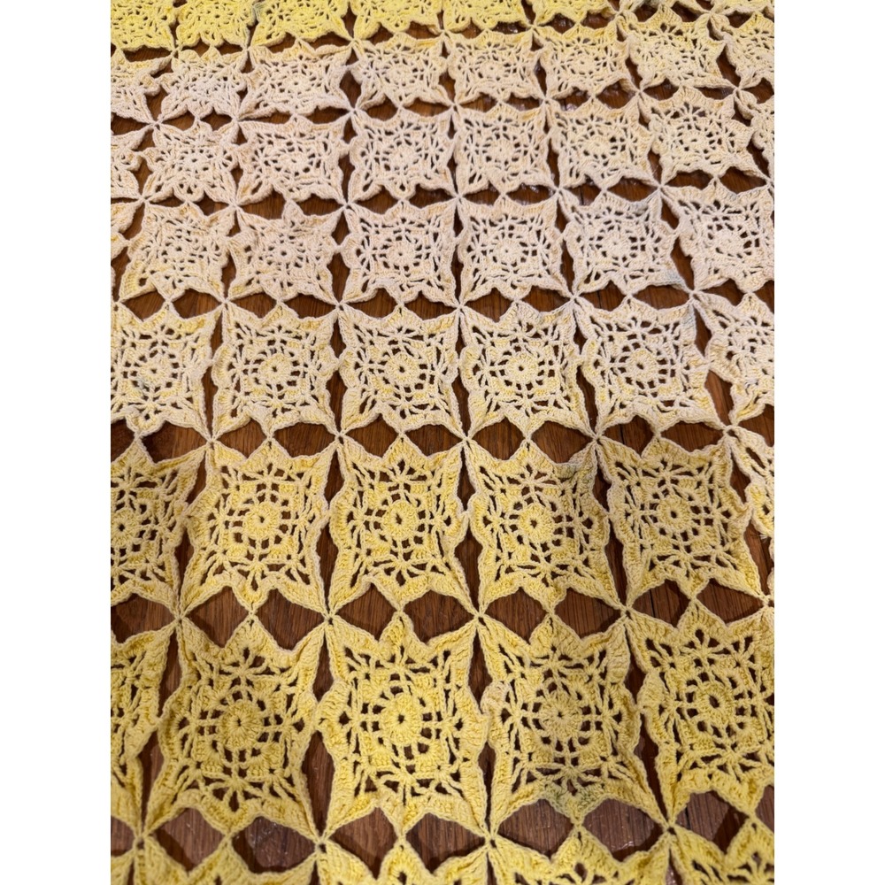 Vintage Yellow Crochet Starburst Medallion Throw Blanket Lace Tablecloth 68x50